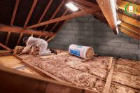 Certified ECO4 installer wearing protective gear carefully laying thick mineral wool insulation between roof joists