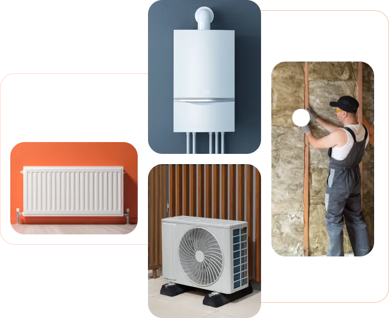 ECO4 heating upgrades collage: technician installing boiler, new energy-efficient boiler unit, modern radiator, and eco-friendly heat pump system