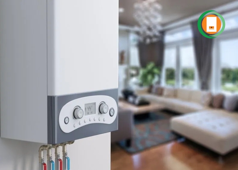 Boiler Upgrade scheme A modern energy-efficient boiler installed on a clean white wall under the UK Boiler Upgrade Scheme, showcasing professional heating system replacement.